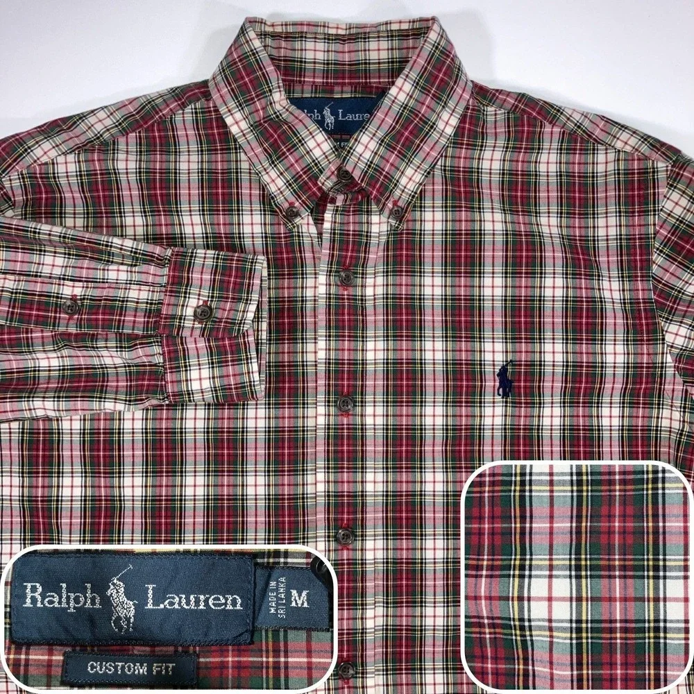 Polo Ralph Lauren Shirt Mens Medium M Custom Fit Plaid Button Down Long‎ Sleeve